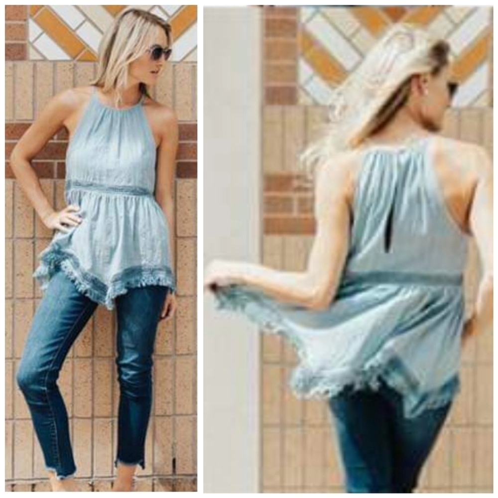 Doe & Rae Light Blue Fringe Hem Keyhole Back Halter Top